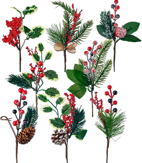 WILLBOND Artificial Christmas Tree Picks, 24 Pcs Red Berry Pine Picks for Crafts, Party Decor, Classic Style