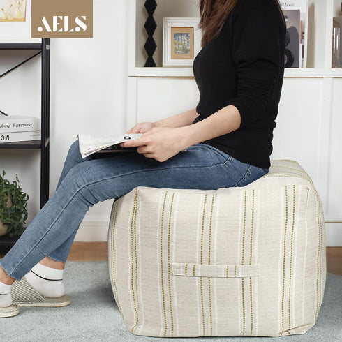 18"x18"x18", AELS Unstuffed Farmhouse Pouf Cover for Living Room, Boho Storage Bean Bag Cubes, Beige with Brown Stitch