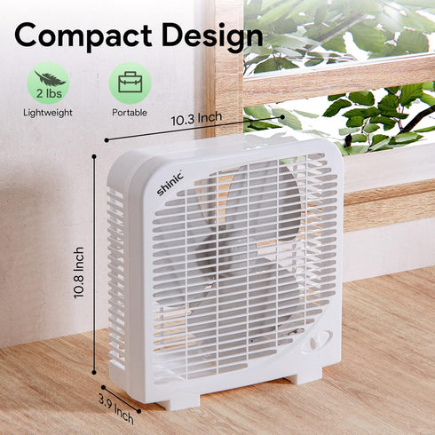 shinic 10" Tabletop Box Fan, 2 Speeds Quiet Fan with Strong Airflow, Portable for Bedroom, Kitchen, Office