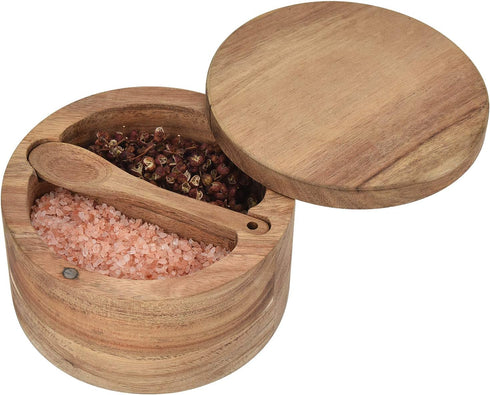 Acacia Wood Salt and Pepper Cellar with Swivel Magnetic Lid, 2-Compartment for Storing Spices