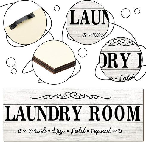 Laundry Room Decor Sign, Wooden Rustic Farmhouse Family Wall Sign, Wash Dry Fold Repeat, 16 x 6 Inches, White