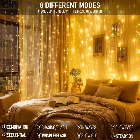 300 Dazzle Bright LED Curtain Lights, Plug in Fairy Curtain Lights for Bedroom, Christmas Hanging String Lights Outdoor