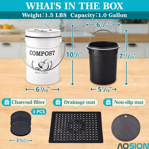 AOSION Kitchen Compost Bin Counter,1.0 Gallon Indoor Compost Bin with Lid,Compost Bucket Countertop Composter Container with 3pcs Charcoal Filters,Non-Slip Mat,Drainage Mat,White by AOSION