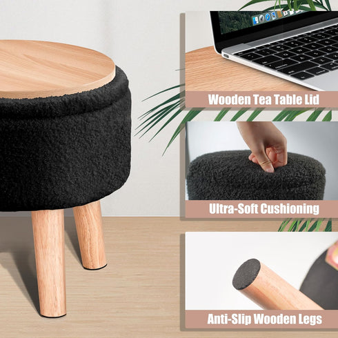 Poofzy Small Ottoman with Storage, Small Foot Stool Ottoman with Wood Legs, Sherpa Foot Rest for Couch, Living Room