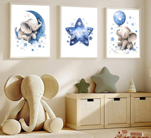 3Pcs 12X16unframed Blue Nursery Elephant Canvas Wall Art Baby Boy Wall Decor Cute Animal Painting Pictures Moon