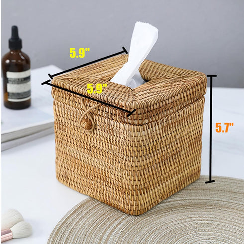 Decorative Square Rattan Tissue Box and Condiment Organizer, 6"x6" Napkin Holder for Dining Table
