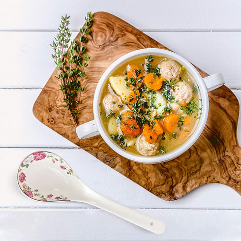Big Porcelain Spoon, Bone China Large Porridge Spoon, White Ceramic Flatware Soup Spoon with Flower Pattern