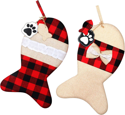 Skylety 2 Pieces Pet Christmas Stockings, Buffalo Plaid Burlap, 15 Inch Large Fish Shaped Bow for Xmas Tree