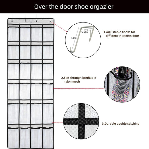 Over The Door Shoe Organizer with 24 Mesh Large Pockets, Hanging Shoe Rack for Men Women Kids, 58x21 Inch
