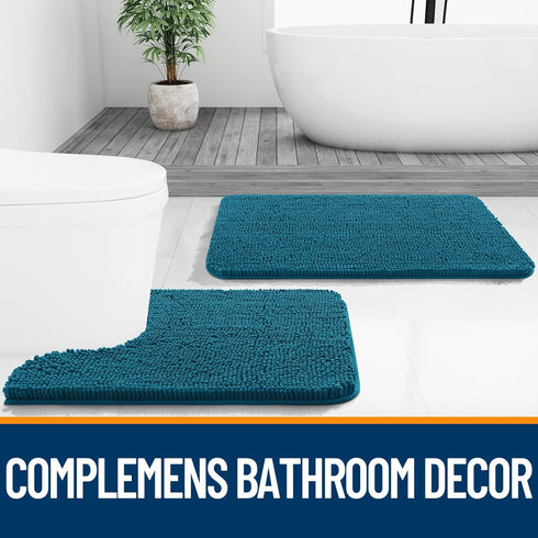OLANLY 24x16 Bathroom Rugs, Extra Soft Chenille Bath Mats, Non-Slip, Quick Dry, Machine Washable, Peacock Blue