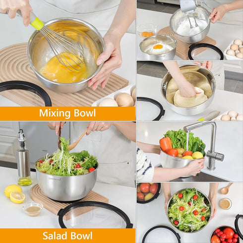 Rorence Stainless Steel Mixing Bowls Set - 3 Nesting Metal Salad Bowls with Transparent Lids, Non-slip Silicone Bottom