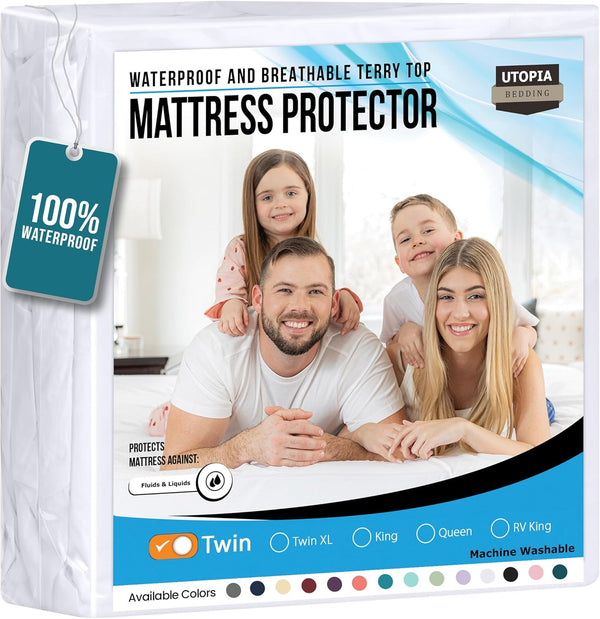Utopia Bedding Waterproof Mattress Protector Twin Size, Terry Mattress Cover 200 GSM, White