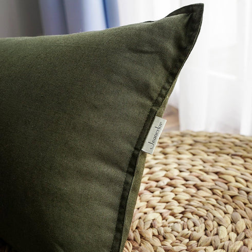Jeanerlor Solid Cotton Linen Decorative Toss Throw Pillow Sham Cushion Case, 18"x18" (45 x 45cm), Olive Green