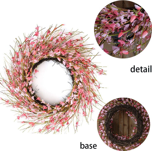 Bibelot 18inch Artificial Forsythia Flower Wreath, Pink, All Year Around Wreath for Front Door, Wedding Home Decor