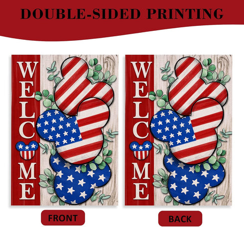 Welcome 4th of July Stars Stripes Cartoon Mouse Garden Flag - Double Sided American USA Memorial Day Yard Decor