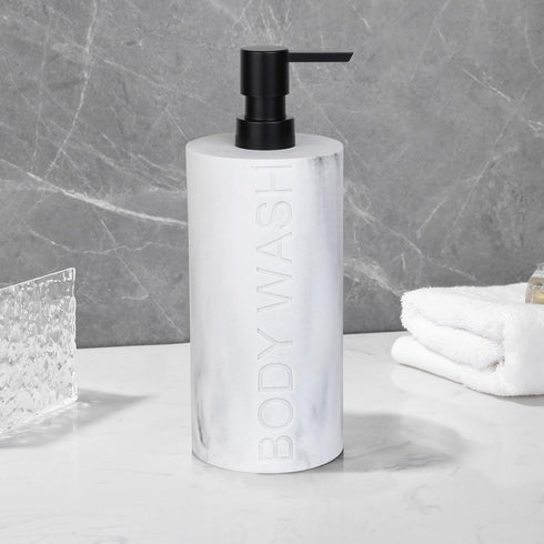 Resin White Marbled Body Wash Engraved Bottle Refillable Pump Dispenser, Durable Waterproof Construction for Bath