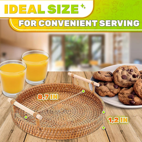 8.7-Inch Rattan Tray Round Woven Serving Basket with Handles Holidays Romantic Decorative Tray for Coffee Table, Bread