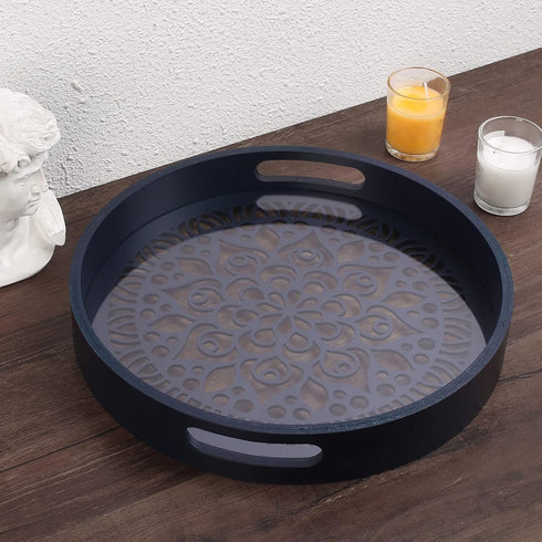 LINKOVE 12" Decorative Tray, Round Wood Tray for Home Decor, Small Wooden Serving