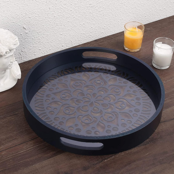 LINKOVE 12" Decorative Tray, Round Wood Tray for Home Decor, Small Wooden Serving