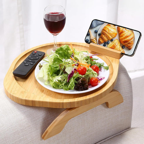 Couch Arm Tray Table, Bamboo Clip-on Couch Arm Tray with 360 Phone