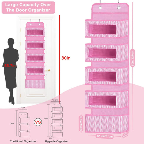 VERONLY Over The Door Hanging Organizer, 5 Large Pockets, Wall Mount Pantry Storage, Pink