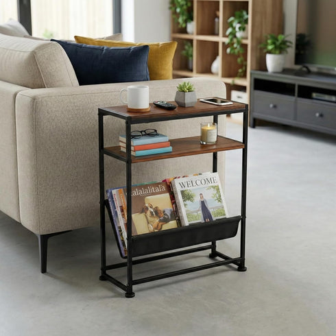 2-Tier Narrow End Table with Magazine Rack, Slim Side Table for Small Spaces, Industrial Nightstand with Storage Sling