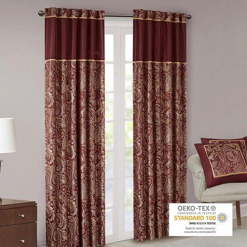 Madison Park Aubrey 2 Panel Curtain, Faux Silk Paisley Jacquard, Rod Pocket, Room Darkening Drape, 2-PK 50x95, Burgundy