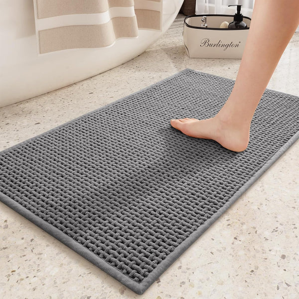 Color&Geometry Chenille Rubber Backed Gray Bathroom Rugs, Non-Slip, Absorbent, Quick Dry, Washable - 16"x24" Small Bath