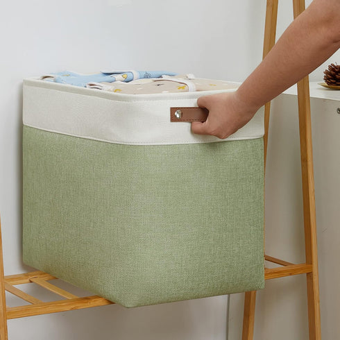DULLEMELO Large Storage Basket, 17"x12"x15", Fabric Organizer for Clothes, Books, Toys (White & Green)