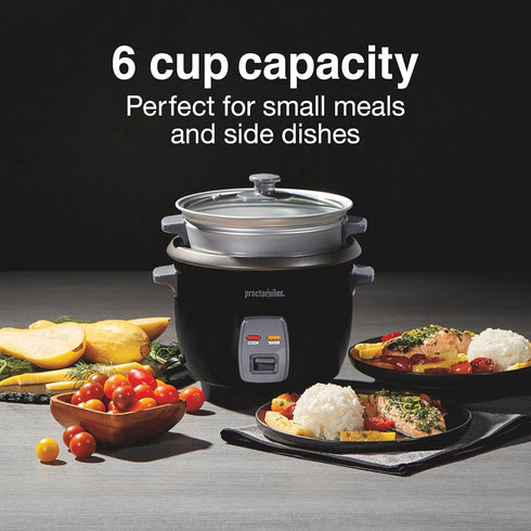 6 (3 (37510) Proctor Silex Rice Cooker & Food Steamer, Cups Cooked Cups Uncooked), Includes Steam and Rinsing Basket