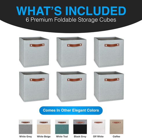 Pomatree 11 Inch Cube Storage Bin - 6 Pack, Linen Fabric Bins for Bedroom, Living Room, Clothes, Toys, Foldable, Silver