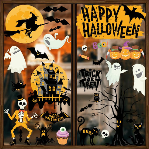 Halloween Window Clings: 6 Sheets of Crows, Bats, Spiders, Ghost Stickers for Halloween Decorations