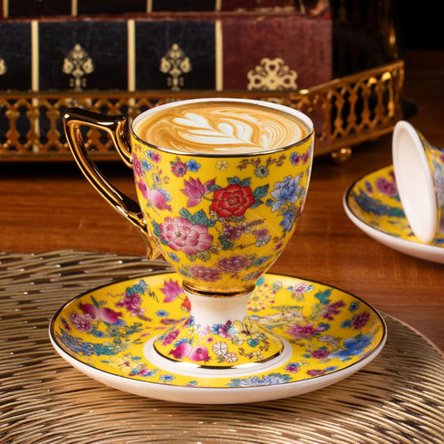 KAMMAK Set 2, 7oz (622N) Tea Cups and Saucers of Porcelain Coffee Cups, Stackable Espresso Mugs, Ceramic Demitasse