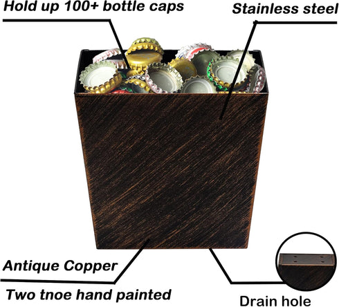 Rustic Beer Cap Catcher Wall Mount - Stainless Steel Bottle Top Bucket with Drainage (Antique Copper)