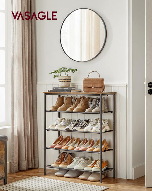 VASAGLE 5 Tier Shoe Rack, Shoe Organizer for Entryway, Holds 12-16 Pairs, with 4 Fabric Shelves, Rustic Brown and Black