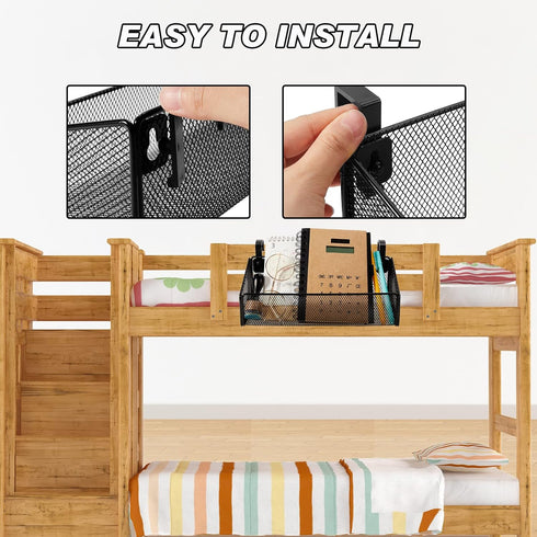 Zubebe Bedside Shelf for Bed, 2 Pieces with 10 Pairs Hooks, Black Metal Organizer for Bunk Bed, Caddy Storage Basket