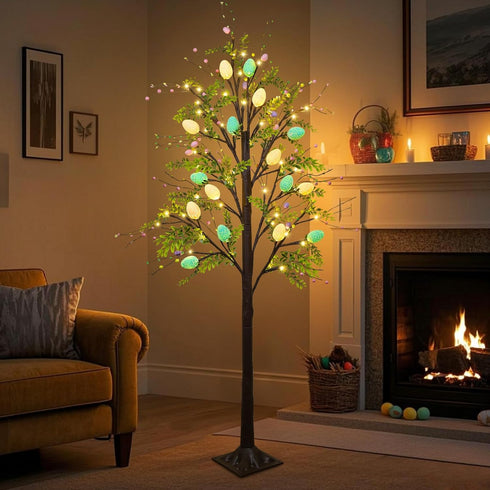 5FT DR.DUDU Lighted Easter Tree with Timer, Easter Decorations for Home & Porch, Pre-Lit Egg Trees with LED Lights