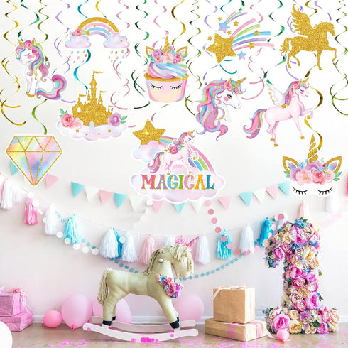 Zonon 51 Pcs Unicorn Hanging Swirl Decorations for Girls Birthday Party Supplies, Rainbow Decor
