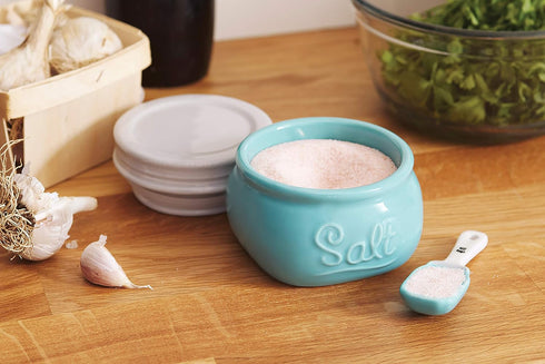 Fox Run Vintage Style Mason Jar Salt Cellar, Blue Ceramic with White Lid, 1 Cup Capacity