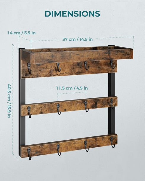 12 OROPY Coffee Mug Rack Wall Mounted, Rustic Wood Cups Rack with Hooks and Storage Shelf, for Home Kitchen Display