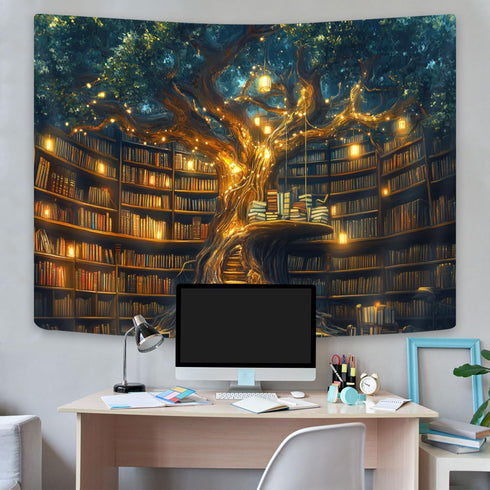 60"X40" GOAOK Fantasy Library Tapestry For Classroom, Mysterious Tree Magic Bookshelf Aesthetic Tapestries, Witchy