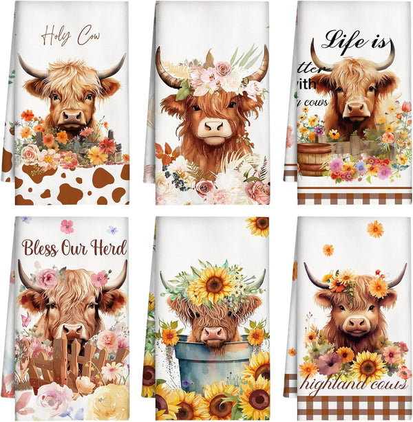 Absorbent Kitchen Towels - 6pcs Highland Cow Sunflower Summer Yellow Cleaning Drying Dishes Towel, Funny Gifts for Women