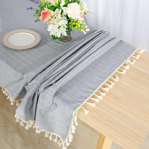 ShinyBeauty Premium Cotton Linen Tablecloth, 55"x55", Grey Solid with Handmade Tassel Trim, Elegant Farmhouse Decor