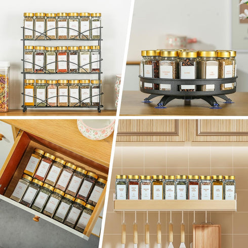 TESUNMU Label4oz CabinetDrawerRack(24) Gold Spice Jars with Seasoning Containers, Glass Spice Bottles with Shaker
