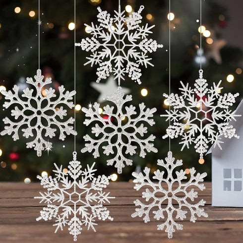 Silver Snowflake Ornaments, 6 Pack Large Plastic Christmas Decorations for Winter Wonderland Tree