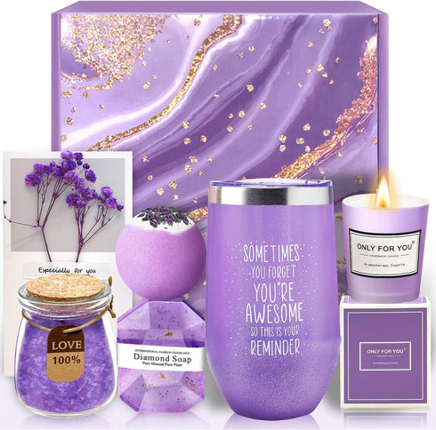 Mothers Day Spa Gift Basket & Tumbler Set, Perfect Gift for Her - Women, Wife, Girlfriend, Friends, Mom (Purple)