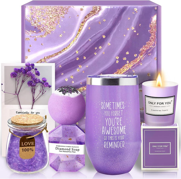 Mothers Day Spa Gift Basket & Tumbler Set, Perfect Gift for Her - Women, Wife, Girlfriend, Friends, Mom (Purple)