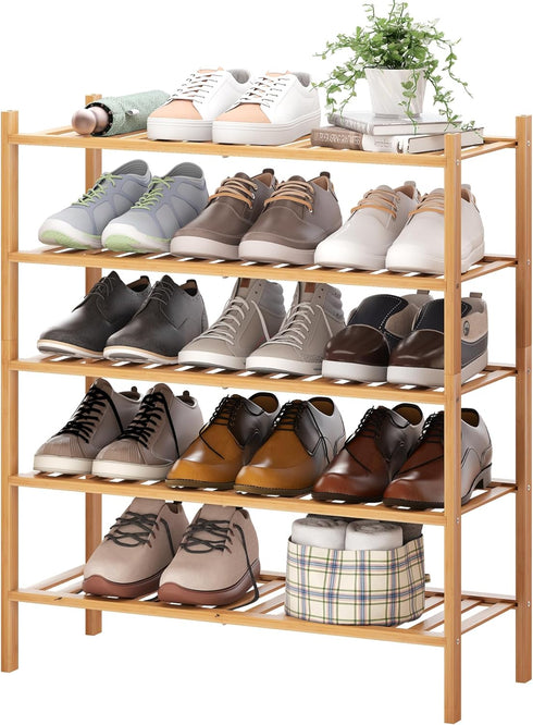 BMOSU 5-Tier Bamboo Shoe Rack Premium Stackable Shoe Shelf Storage Organizer for