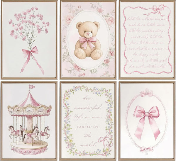 PPJ 6pcs Pink Vintage Baby Girl Nursery Wall Art Prints Cute Carousel Teddy