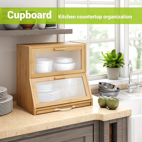 Countertop BMOSU Double-Layer Large Bread Box with Cutting Board for Kitchen Bread Box With Frosted Glass Window